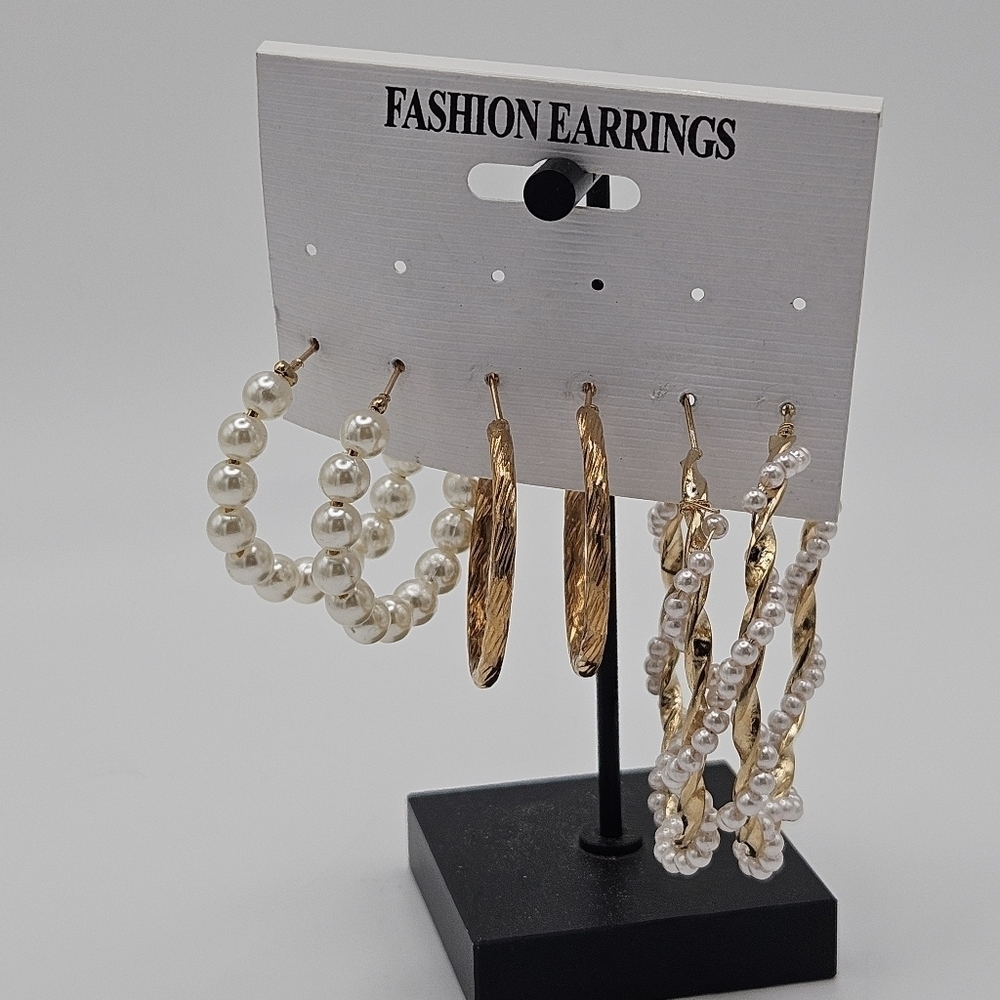 three pairs of hoop earrings gold tone faux pearl Fashion Earrings new on card